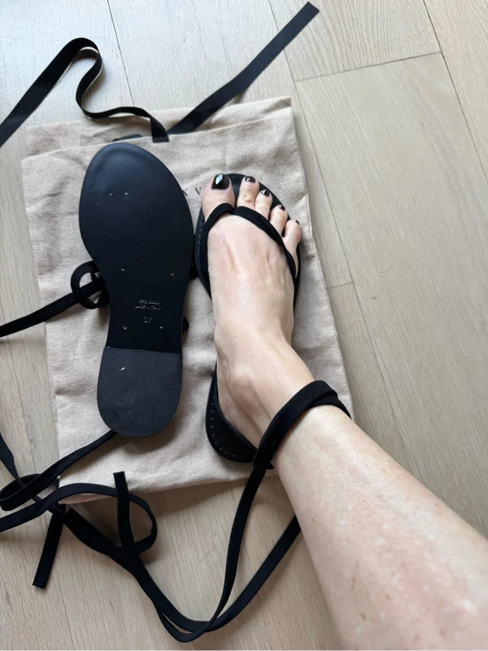 Women’s Black Lace-Up Flat Sandals with Wrap Straps